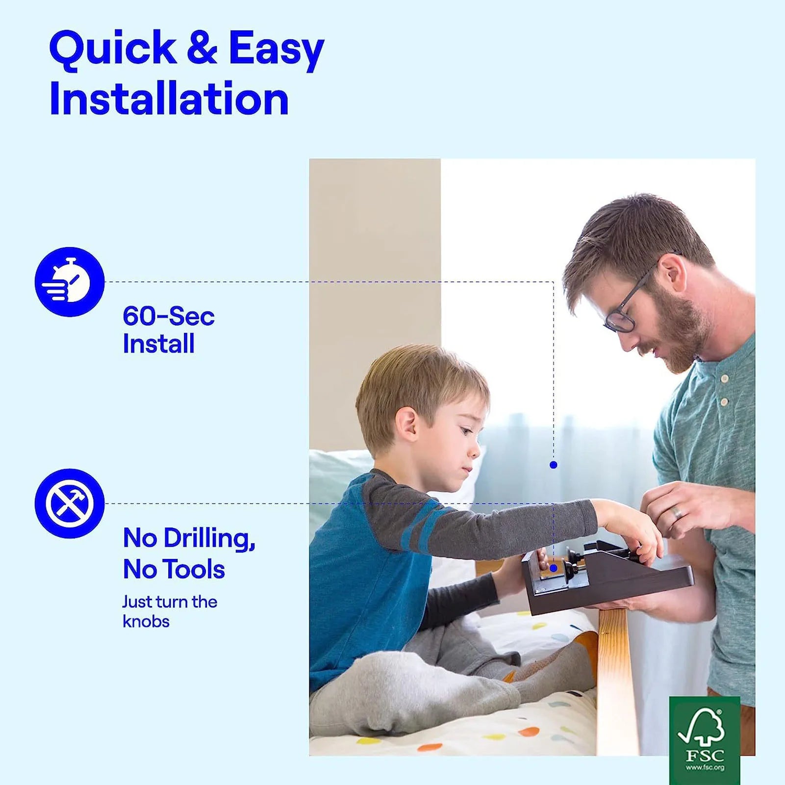 Infographic of adult and child installing clamp-on bedside shelf, highlighting tool-free setup