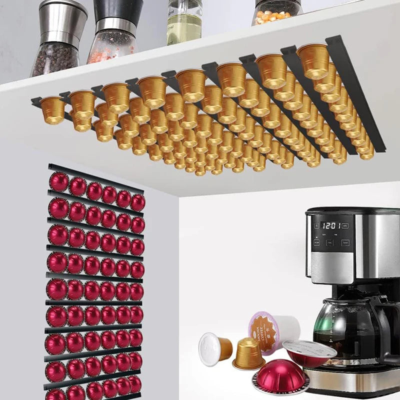 black coffee pod holder strips mounted under a kitchen cabinet and on a wall, holding gold and red capsule pods near a coffee maker
