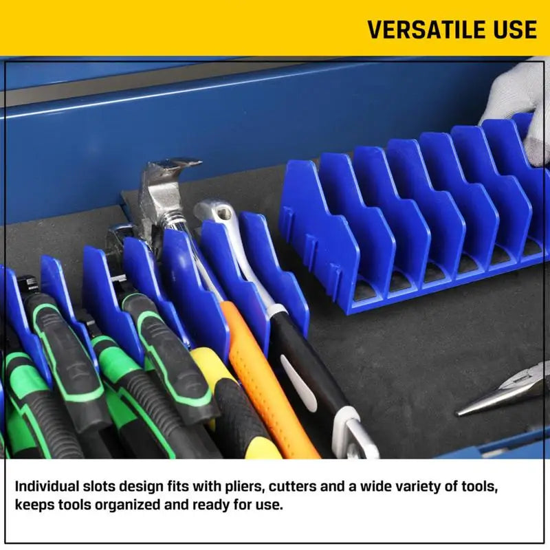 blue version of the pliers organizer rack in a toolbox with tools