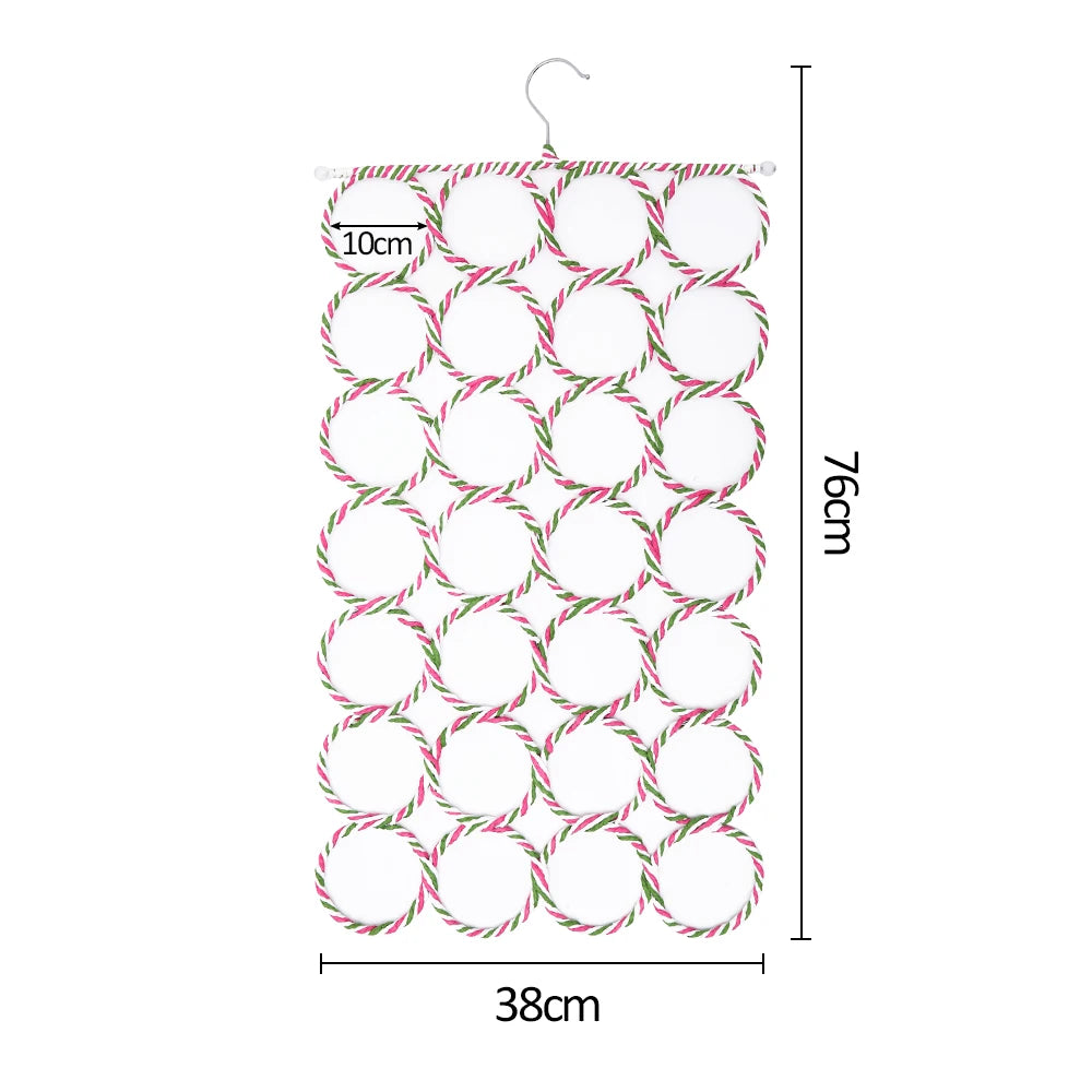 Foldable Rattan Scarf & Tie Organizer with 28 Hanging Rings