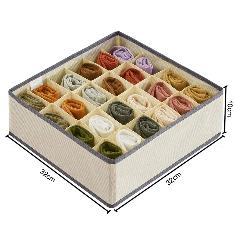 24-Grid Foldable Sock & Underwear Drawer Organizer Bin – Non-Woven Fabric, Stackable, in Gray or Beige