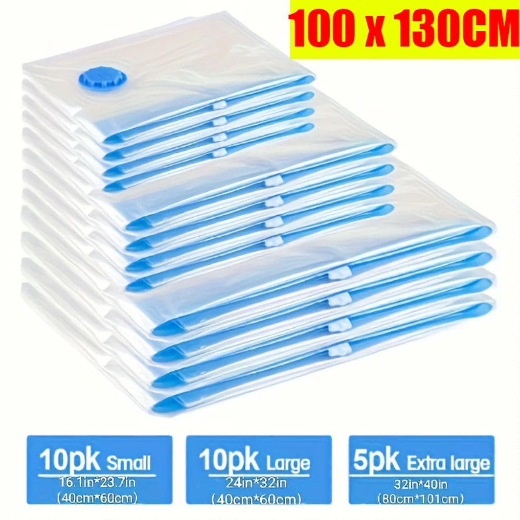 Stacked vacuum storage bags in different sizes for clothes and bedding organization