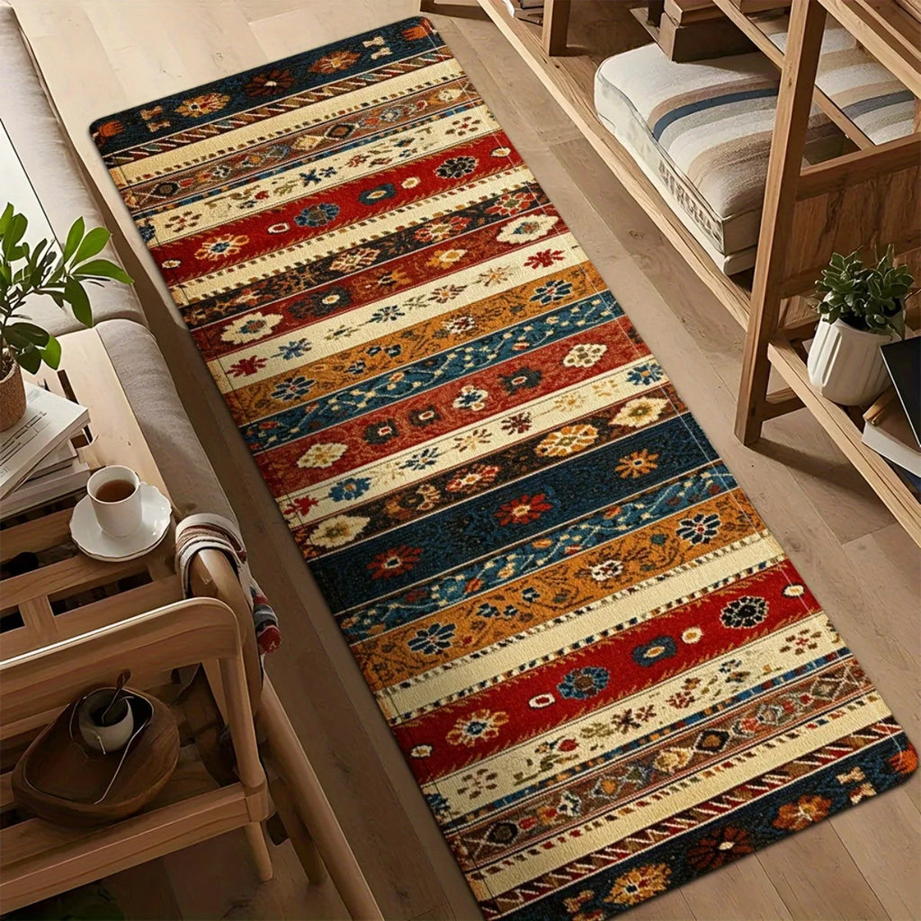 Colorful bohemian floral striped runner rug in a cozy living room