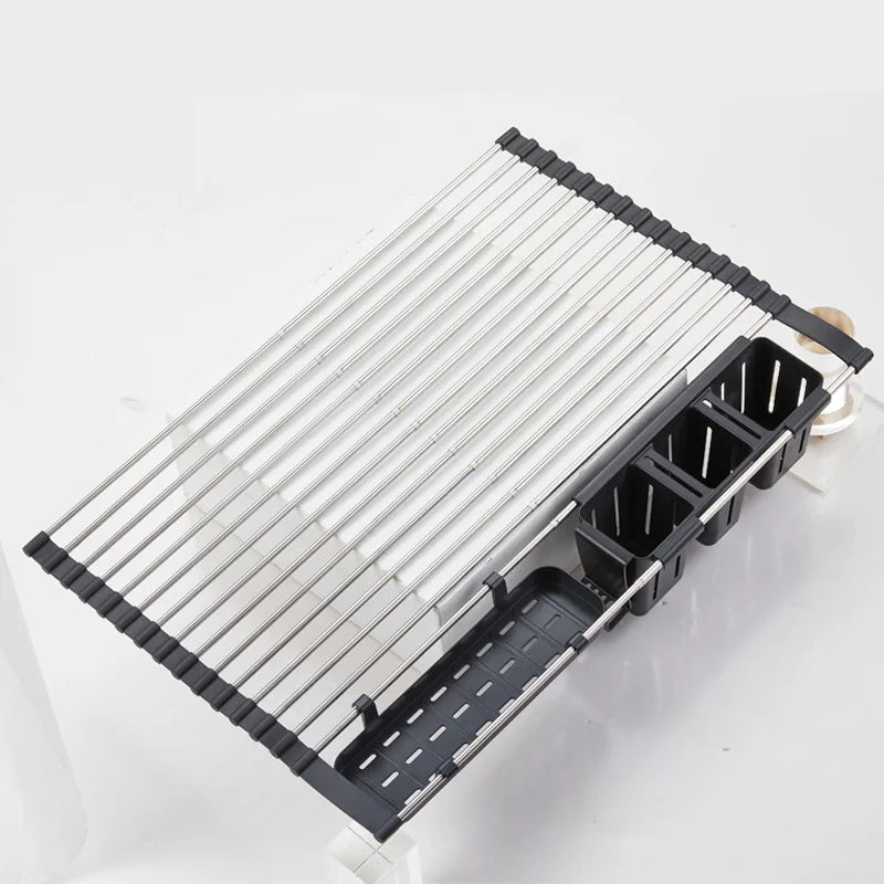 Expandable Stainless Steel Over-Sink Drying Rack with Cutlery and Sponge Holders for Kitchen Organization
