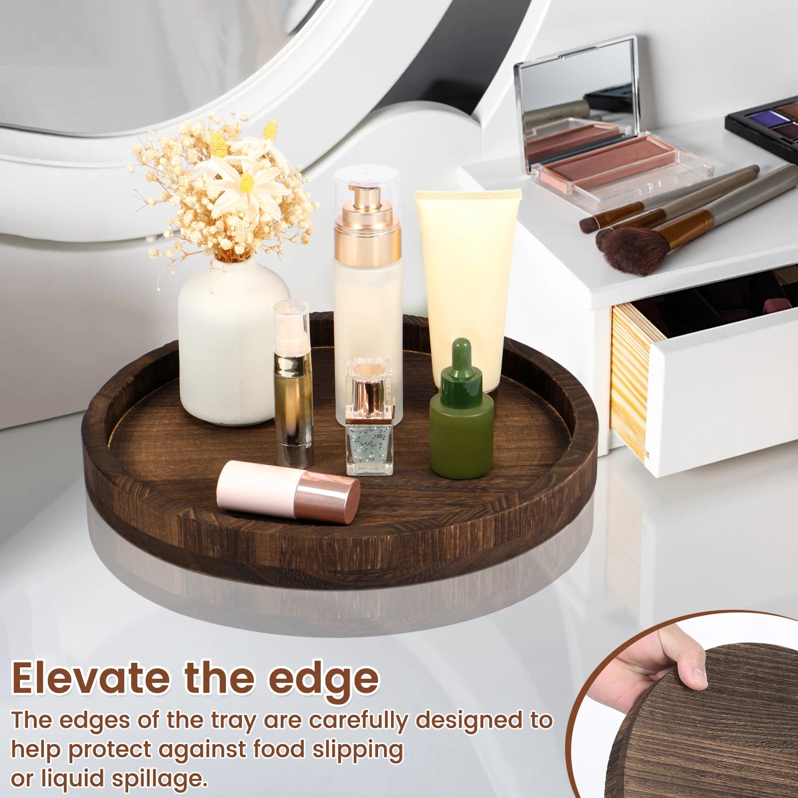 Round wooden tray on vanity holding cosmetics, bottles, and small vase