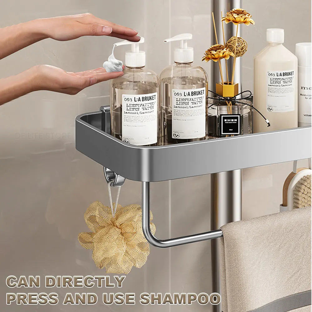 Adjustable Aluminum Shower Caddy with Towel Bar for Round Shower Poles