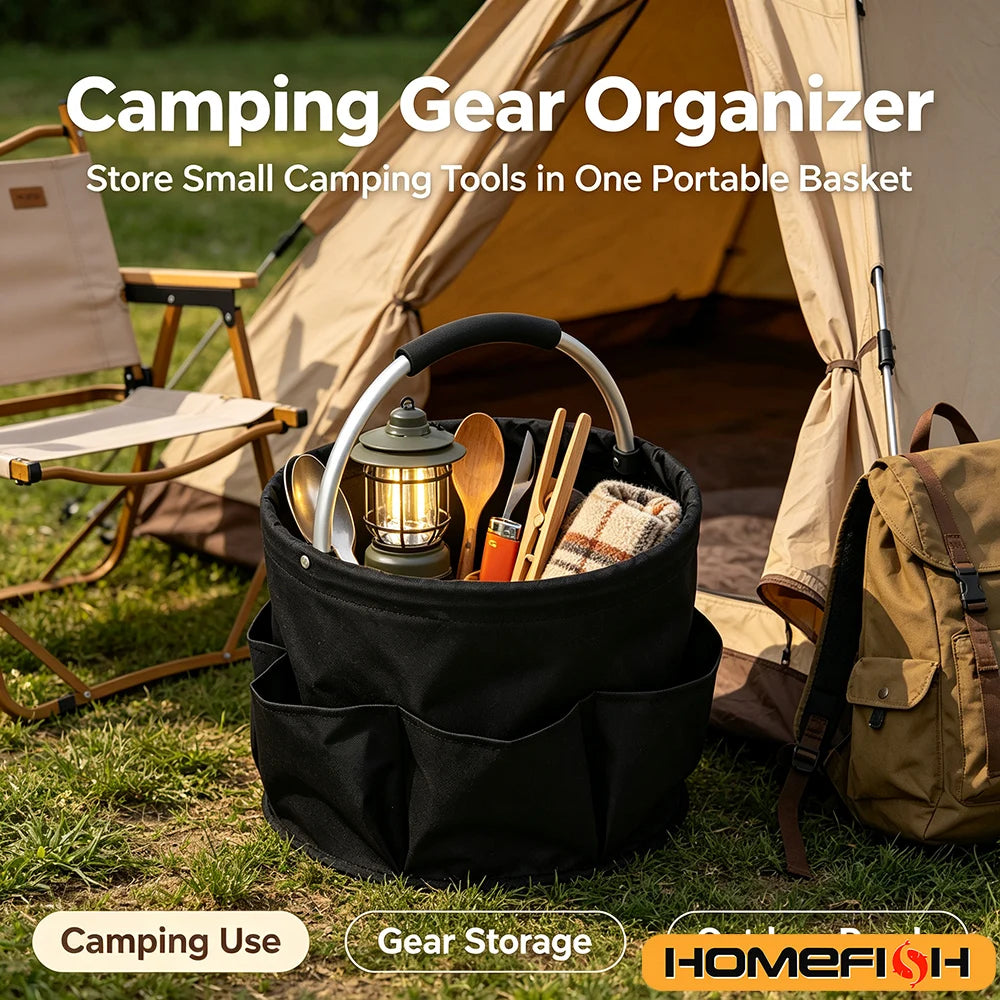 Folding organizer basket holding camping tools and supplies in front of a tent