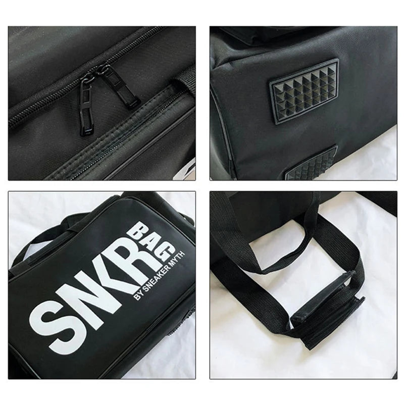 Close-up details of the black duffel bag, showing zippers, textured bottom, handles, and 'SNKR BAG' logo