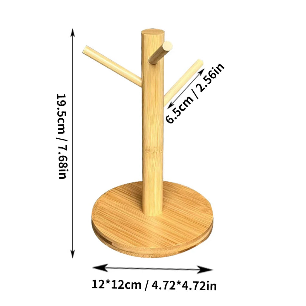 Bamboo Mug Tree Holder – Compact Countertop Rack with 3 or 6 Hooks