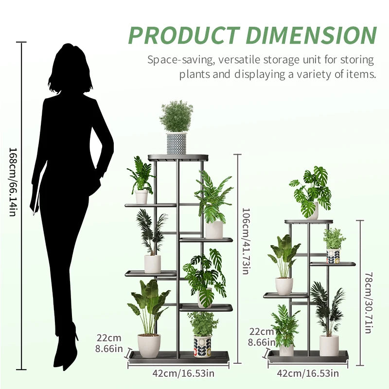 Black iron plant stands of two heights with potted plants, silhouette for height reference, and detailed product dimensions