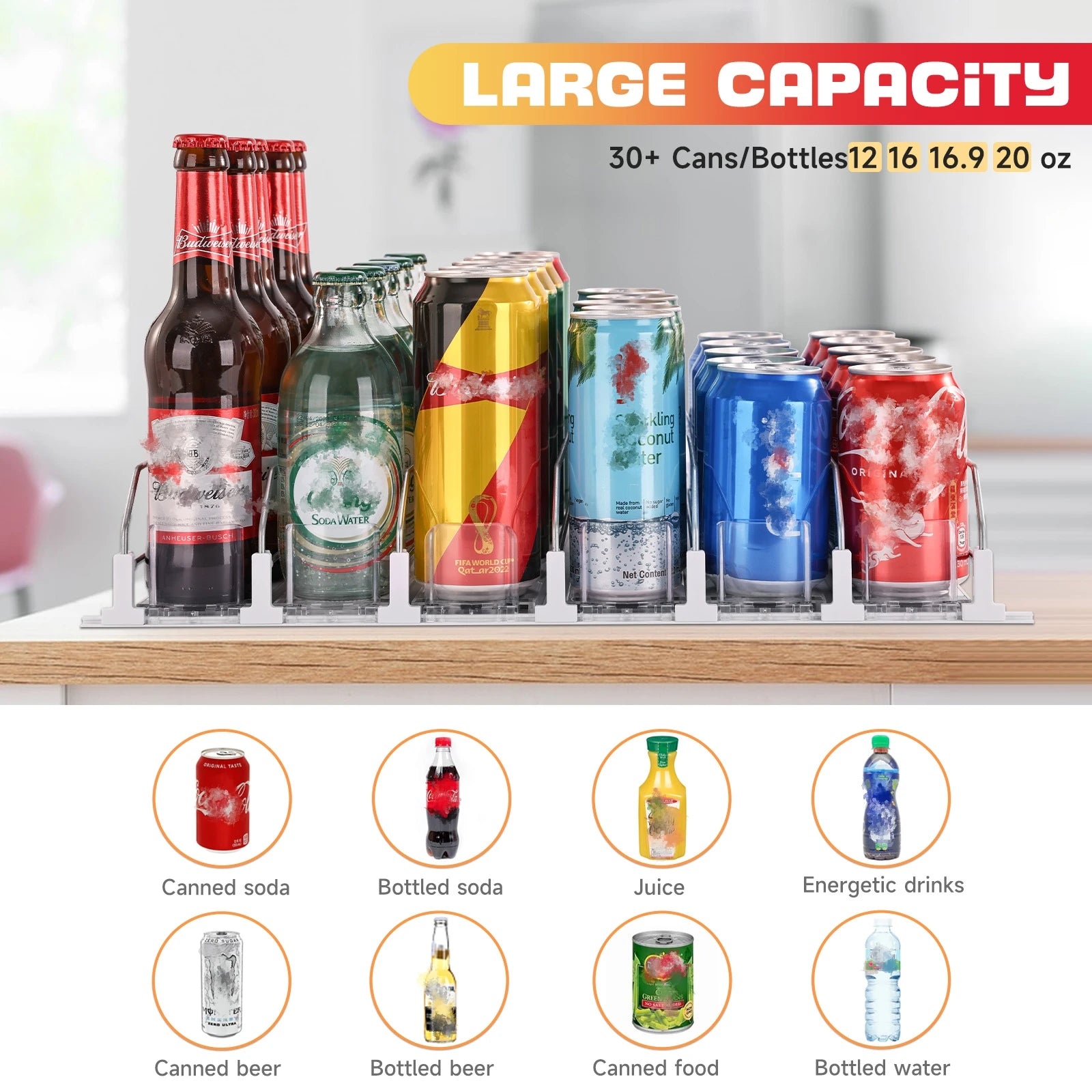 fridge can and bottle organizer filled with assorted beverages and icons of compatible drinks