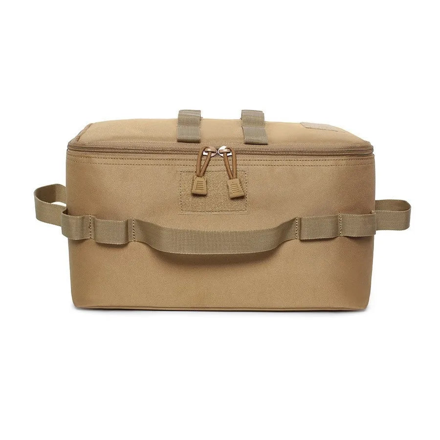 Khaki outdoor organizer bag made from 600D polyester, shown from the front