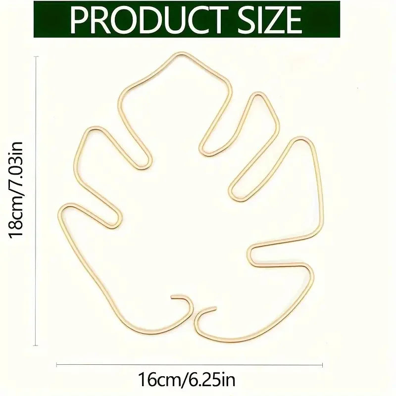 Gold monstera-leaf wire plant support ring with size dimensions