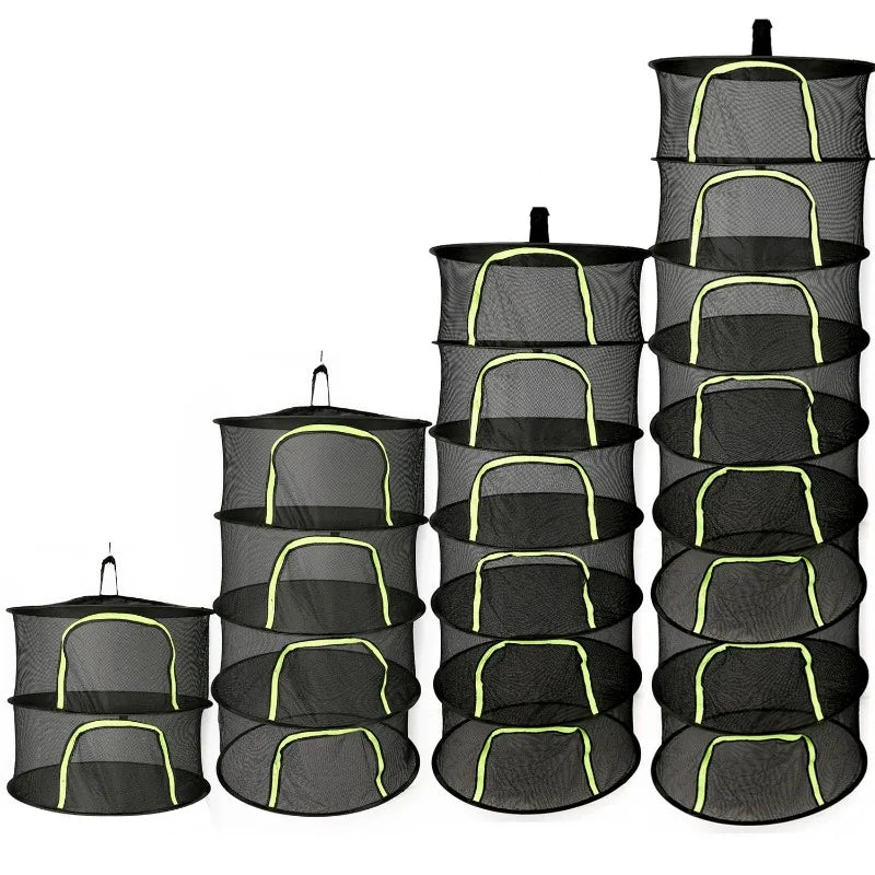 Four foldable hanging mesh drying racks in different tier sizes, displayed side by side on a plain background