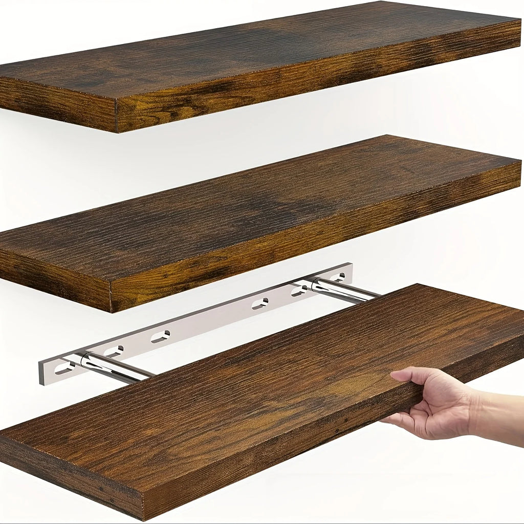 Exploded view of a brown wood floating shelf showing wall-mount hardware