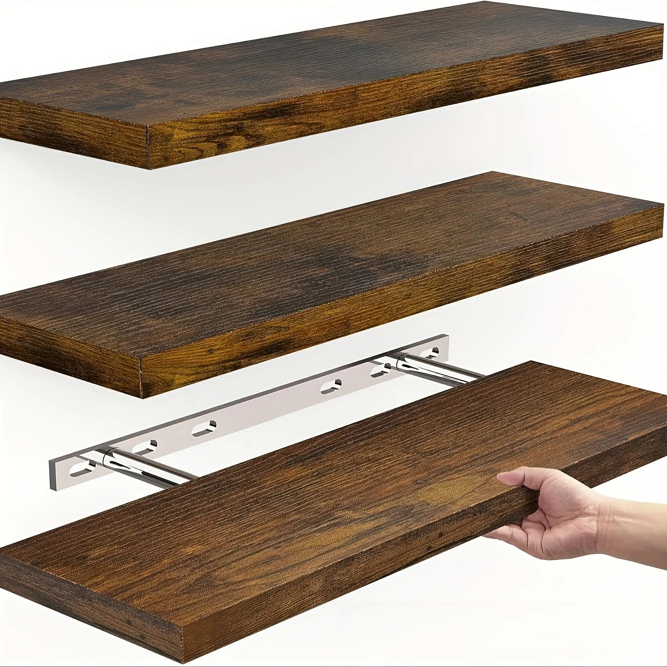 Exploded view of a brown wood floating shelf showing wall-mount hardware