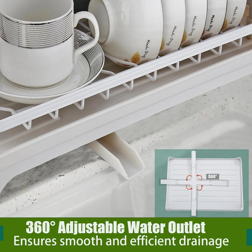 Closeup of a 2-tier dish rack’s self-draining tray with 360-degree adjustable spout for water drainage