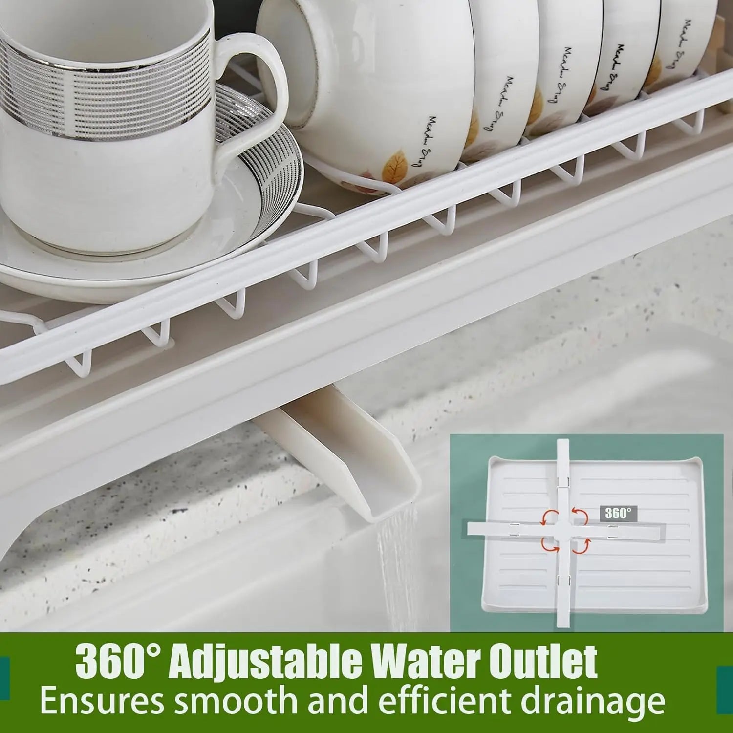 Closeup of a 2-tier dish rack’s self-draining tray with 360-degree adjustable spout for water drainage
