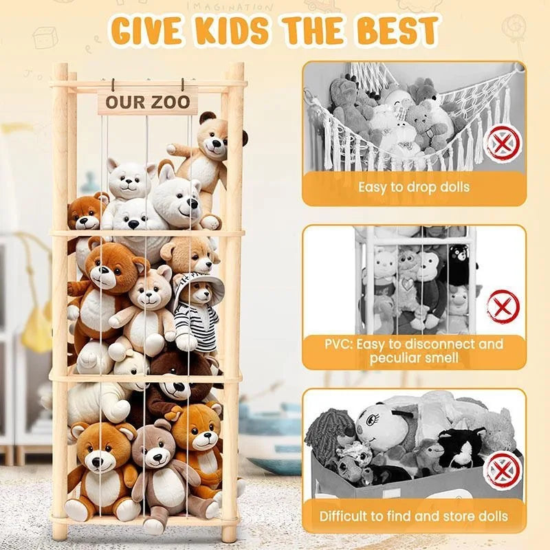 Wooden zoo cage organizer compared to other toy storage methods for stuffed animals
