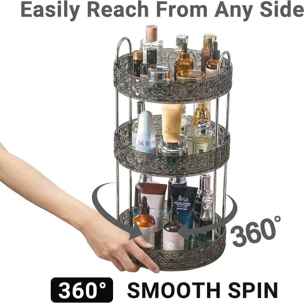 Hand spinning a three-tier rotating makeup organizer on a counter, showing 360-degree access