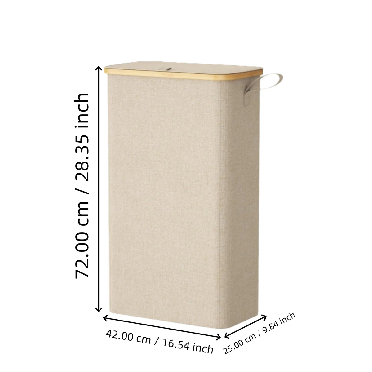 dimensions diagram of slim beige laundry basket (72x42x25 cm)