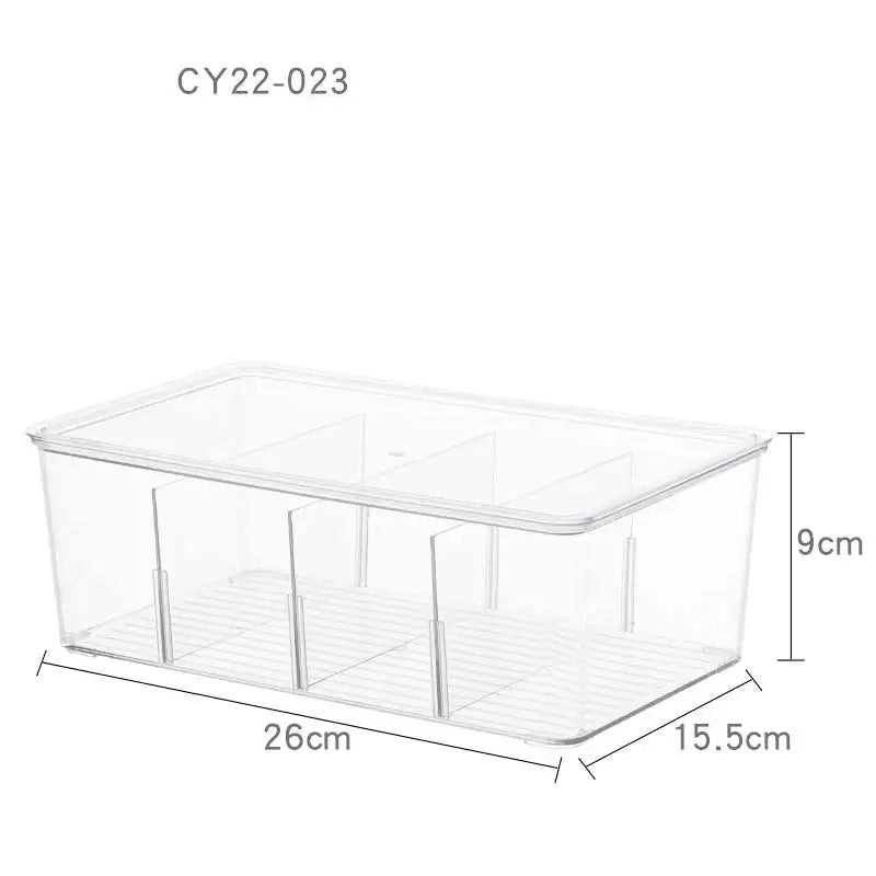 Clear 4-Compartment Pantry Organizer Bin with Removable Dividers for Kitchen, Fridge, or Cabinet
