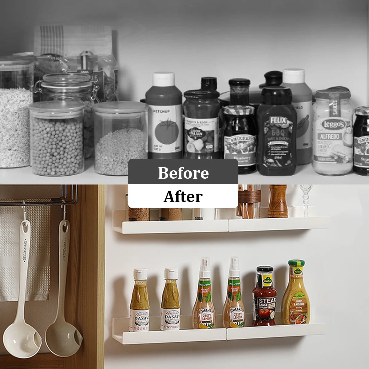 Before and after photo of pantry jars and sauces on white wall-mounted adhesive shelves