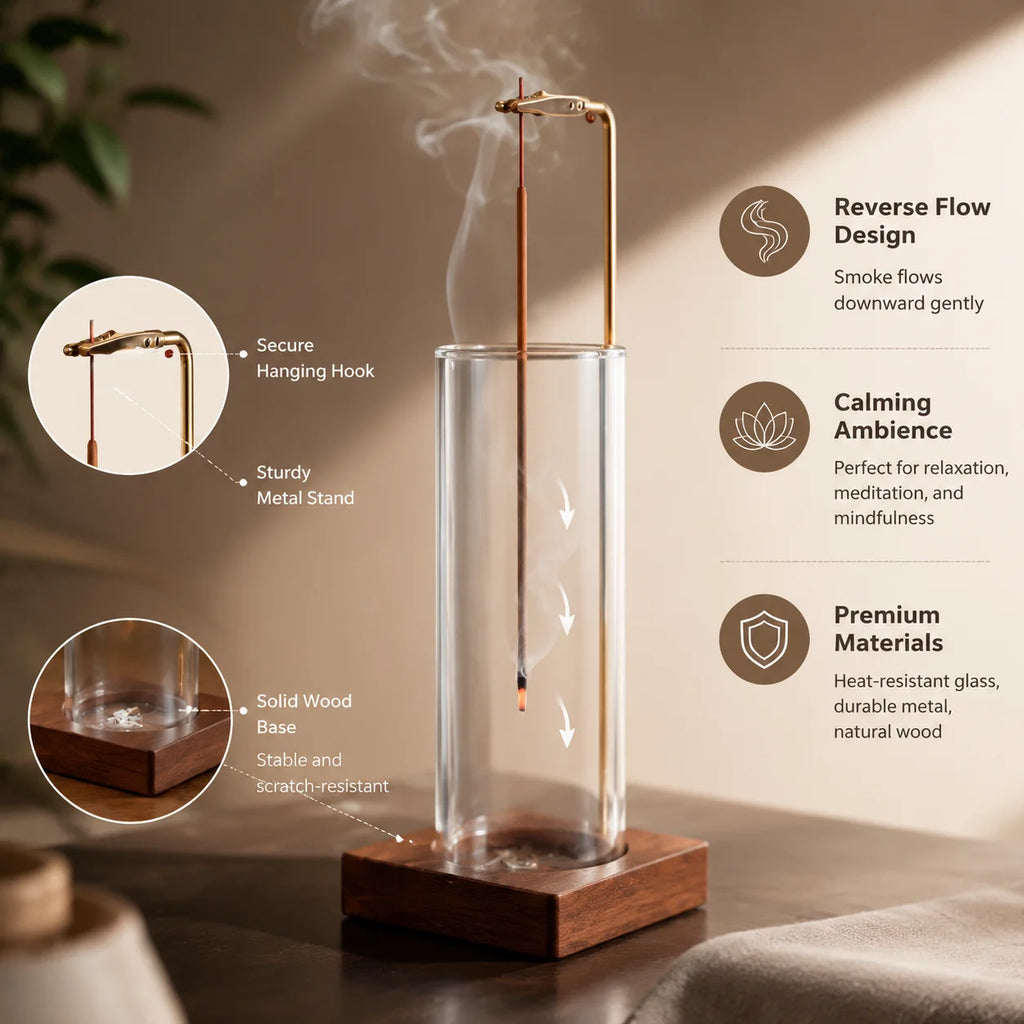 Lifestyle image of incense holder on table, arrows showing smoke flow, callouts for construction