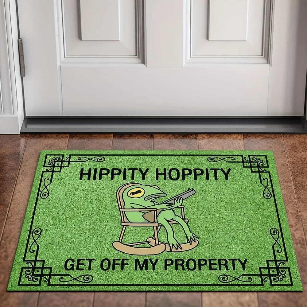 Cartoon frog doormat with anti-slip backing placed at a front door