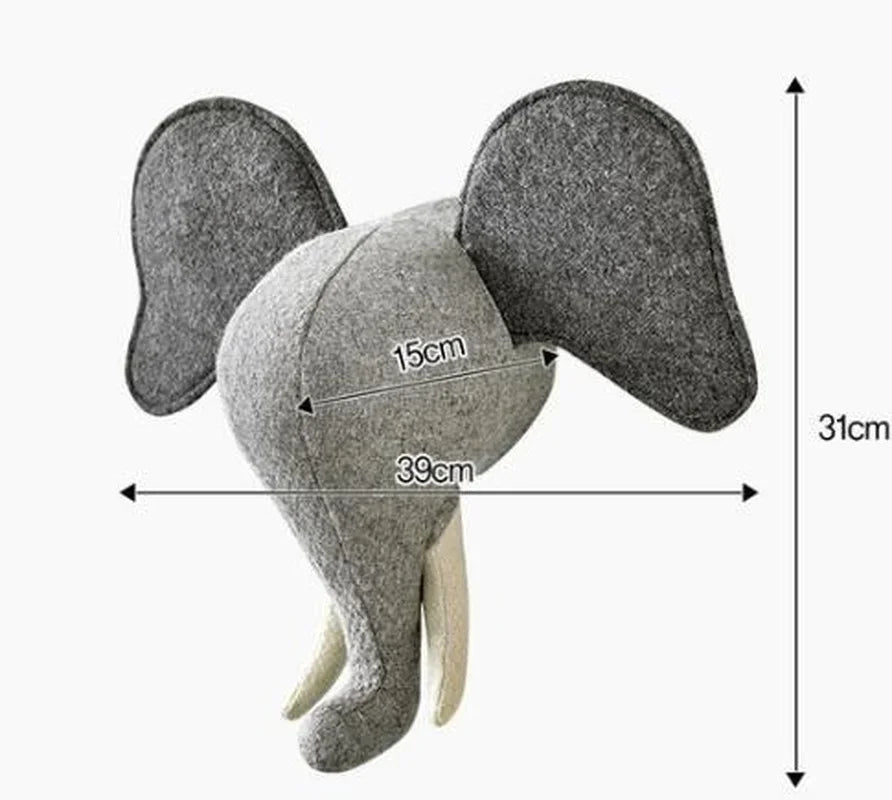 Grey fabric elephant wall head with visible product dimensions
