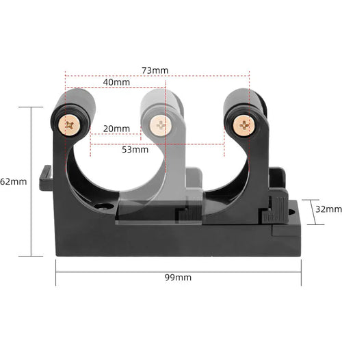 Diagram of black adjustable bike rack with measurements in millimeters for key dimensions
