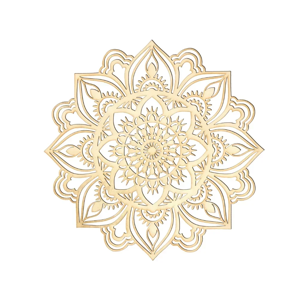 Intricate round mandala iron wall art with cutout details on a plain background