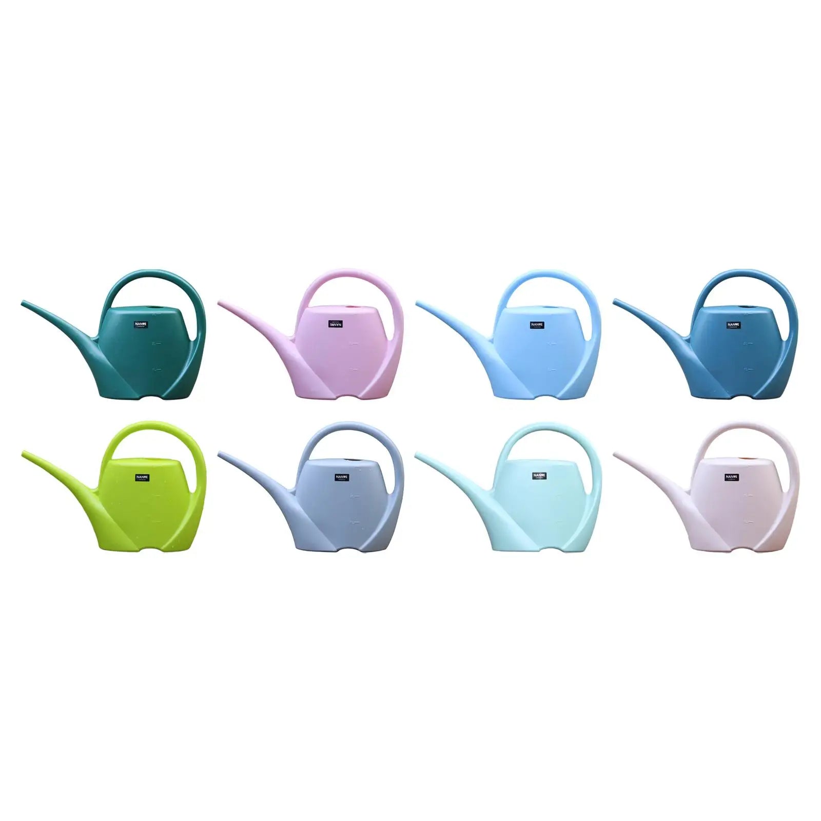 Eight colorful plastic watering cans displayed on a white background