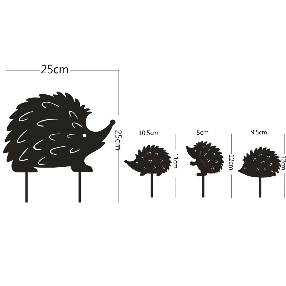 Size chart for hedgehog metal garden stakes showing dimensions for each figure