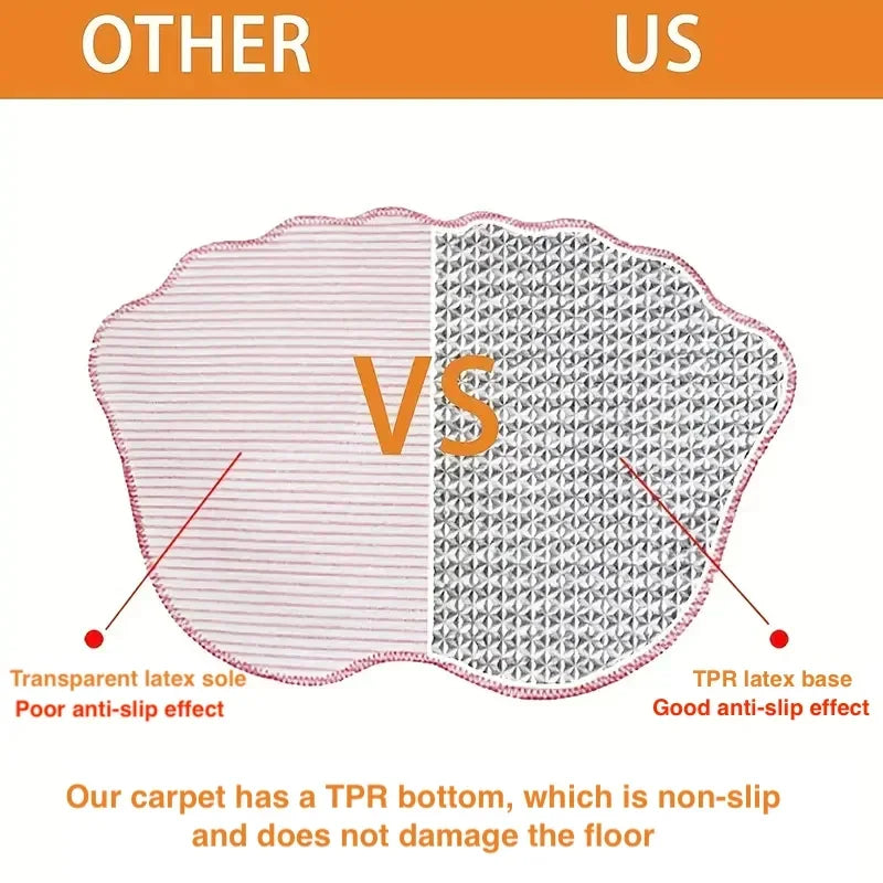 Gray footprint-shaped bath mat with white slippers on top, showing 40x60cm size comparison