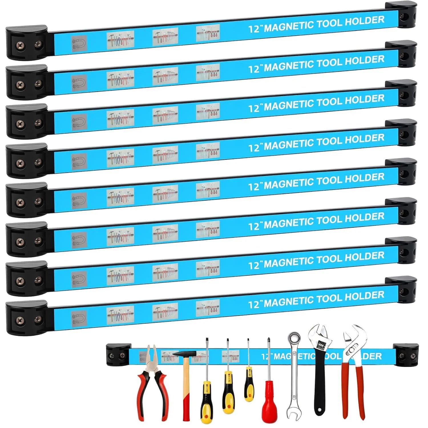 Set of blue wall-mounted magnetic tool holder strips for organizing hand tools in garage or workshop
