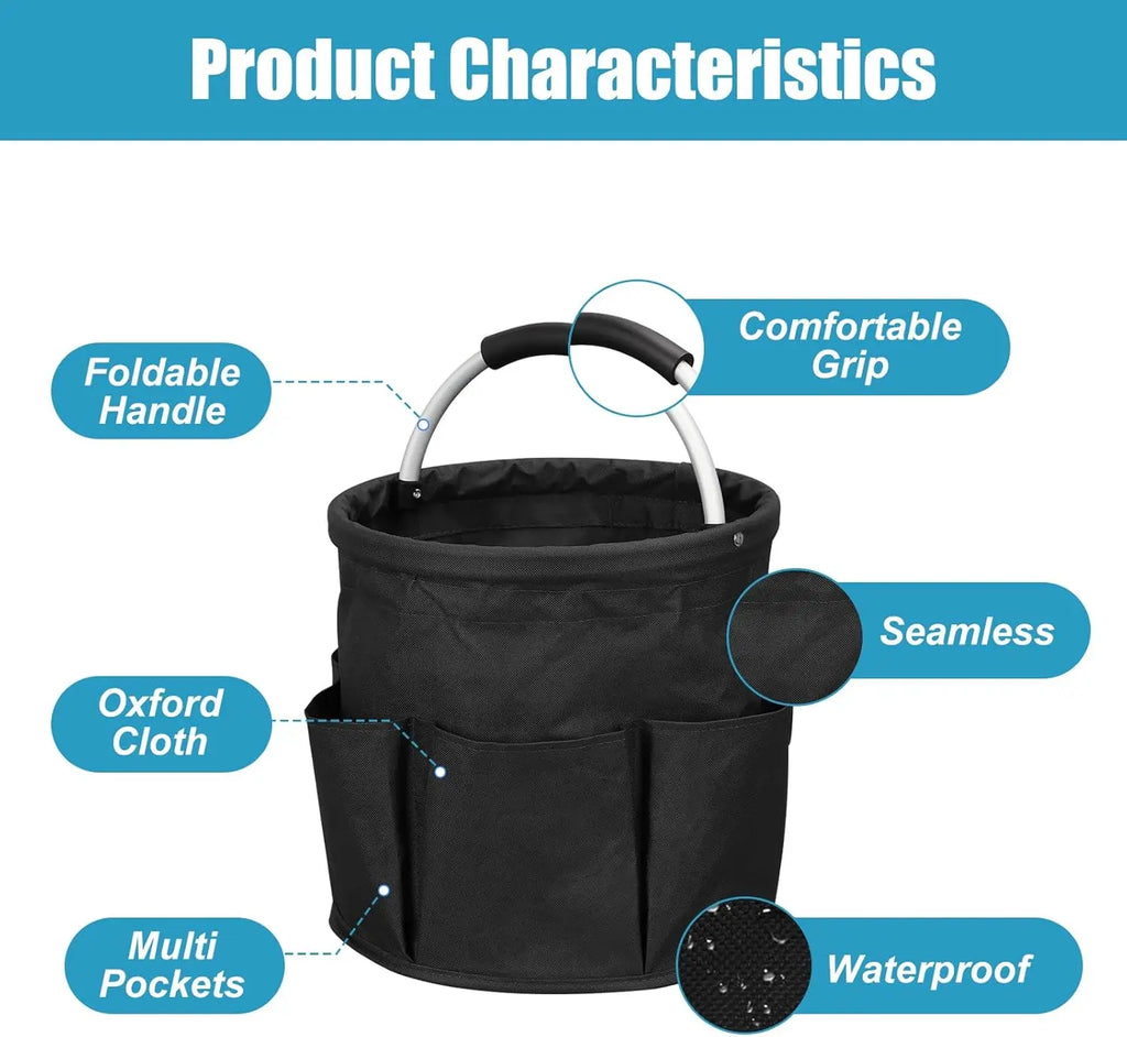 Features of the foldable cleaning caddy with callouts for handle, fabric, and pockets