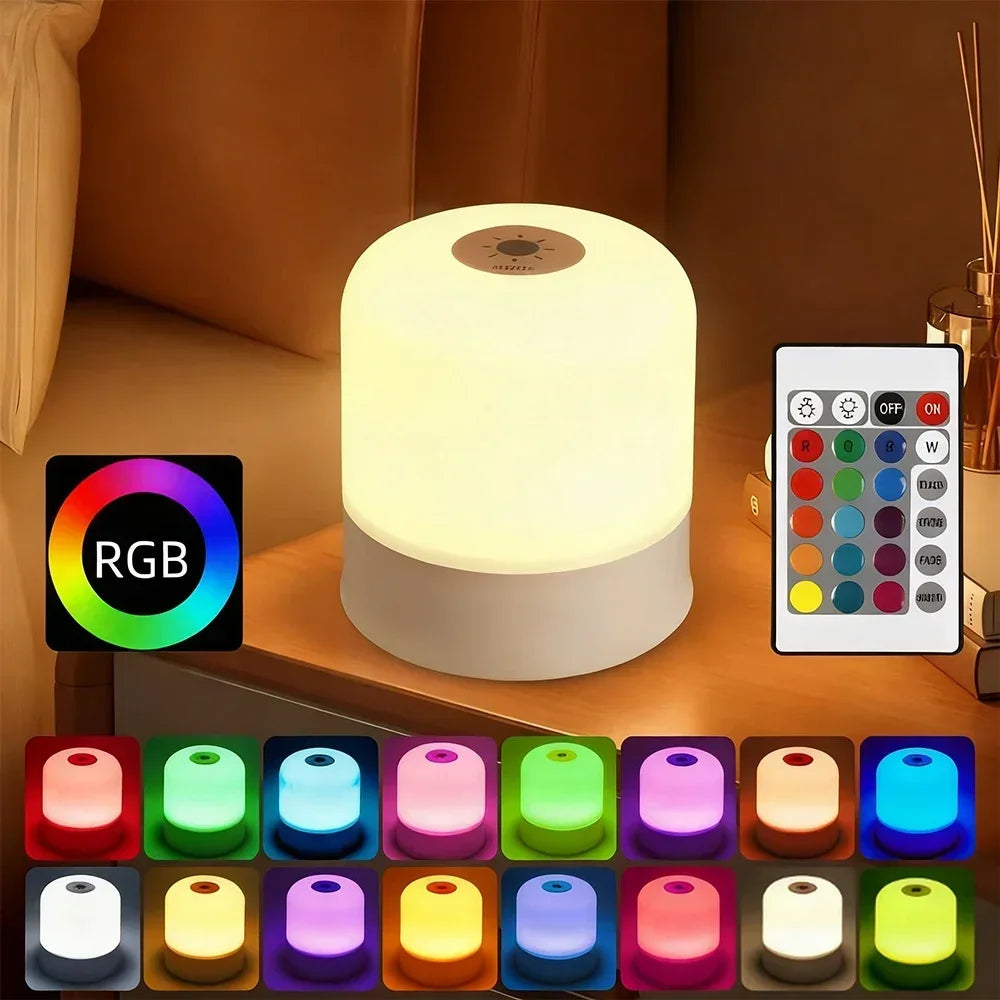 RGB LED night light with multiple color modes and remote control on a side table