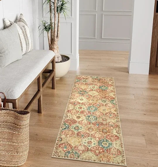 Sonora Trellis Vintage-Inspired Runner Rug for Hallway, Kitchen, or Entryway – Soft Washable Polyester with Non-Slip Backing
