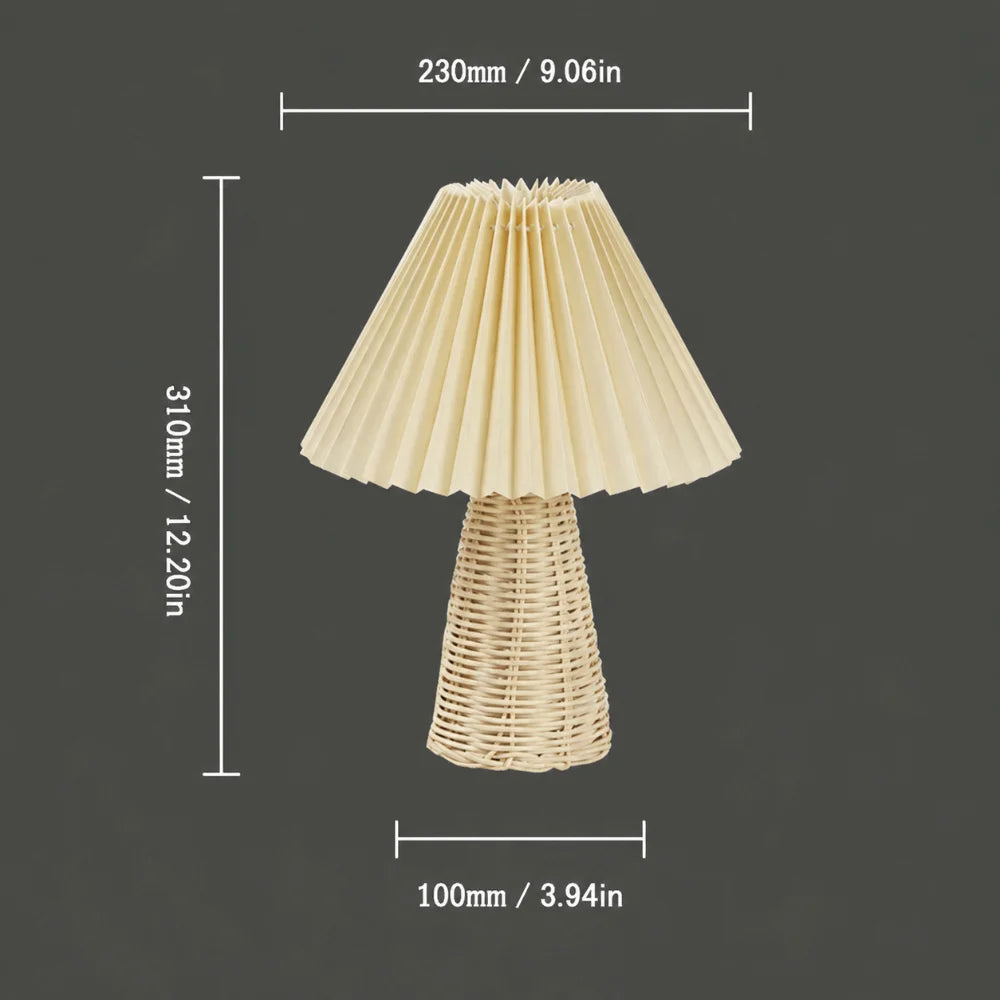 Marlow Pleated Beige Table Lamp with Rattan Base for Cozy Bedside & Living Room