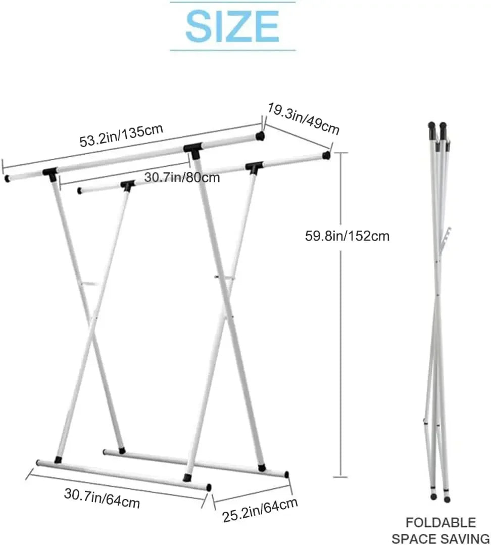 Size diagram of telescopic double rail drying rack with labeled dimensions