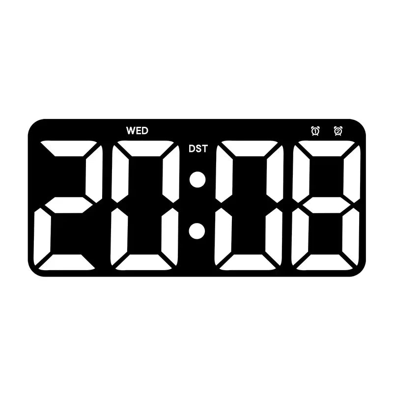 front view of LED digital wall clock showing clear white digits against black face