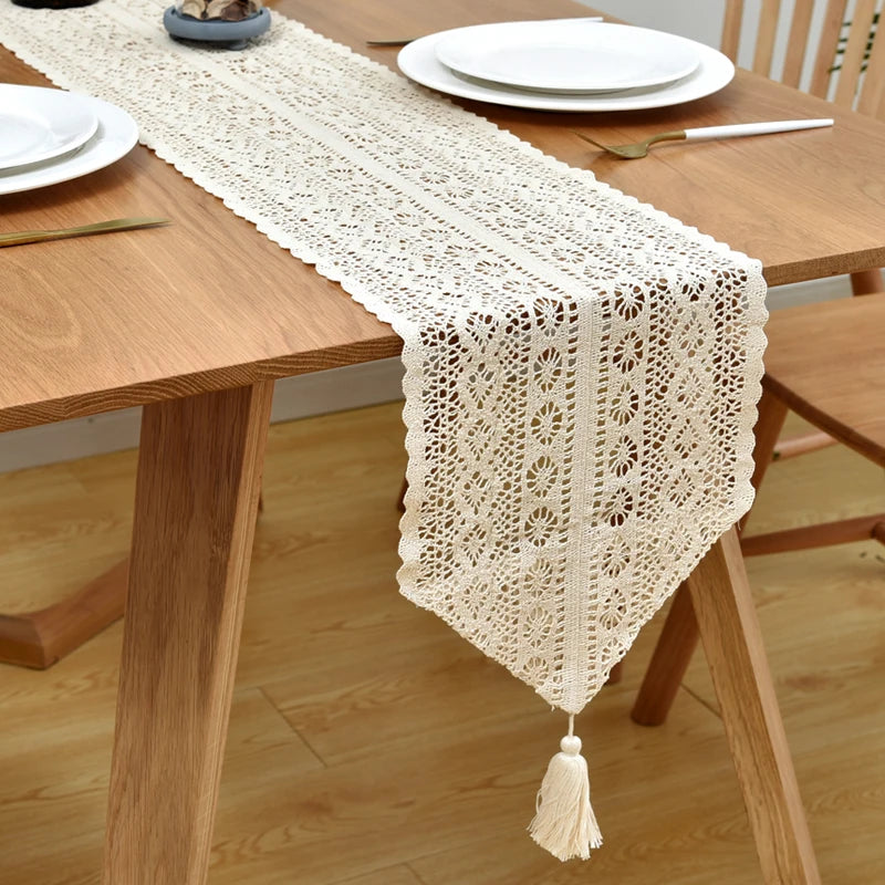 Arden Crochet Lace Table Runner with Tassel – Beige Cotton Blend