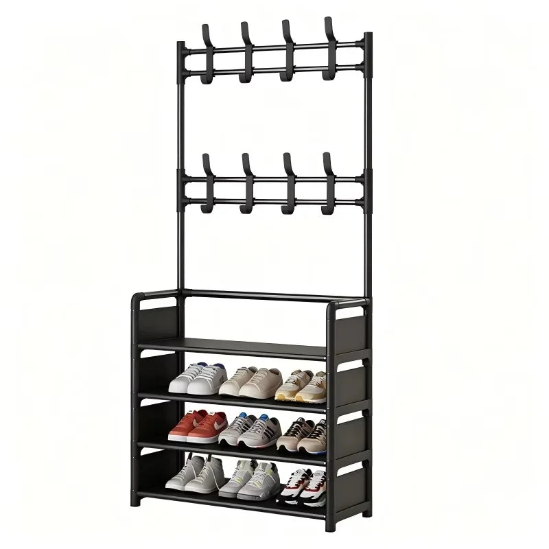 Metal Entryway Organizer Rack with 3–5 Shelves & 8 Hooks for Shoes, Coats, Hats, and Accessories