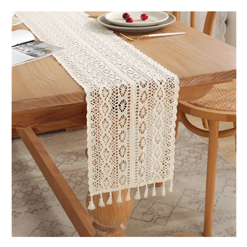 Arden Crochet Lace Table Runner with Tassel – Beige Cotton Blend