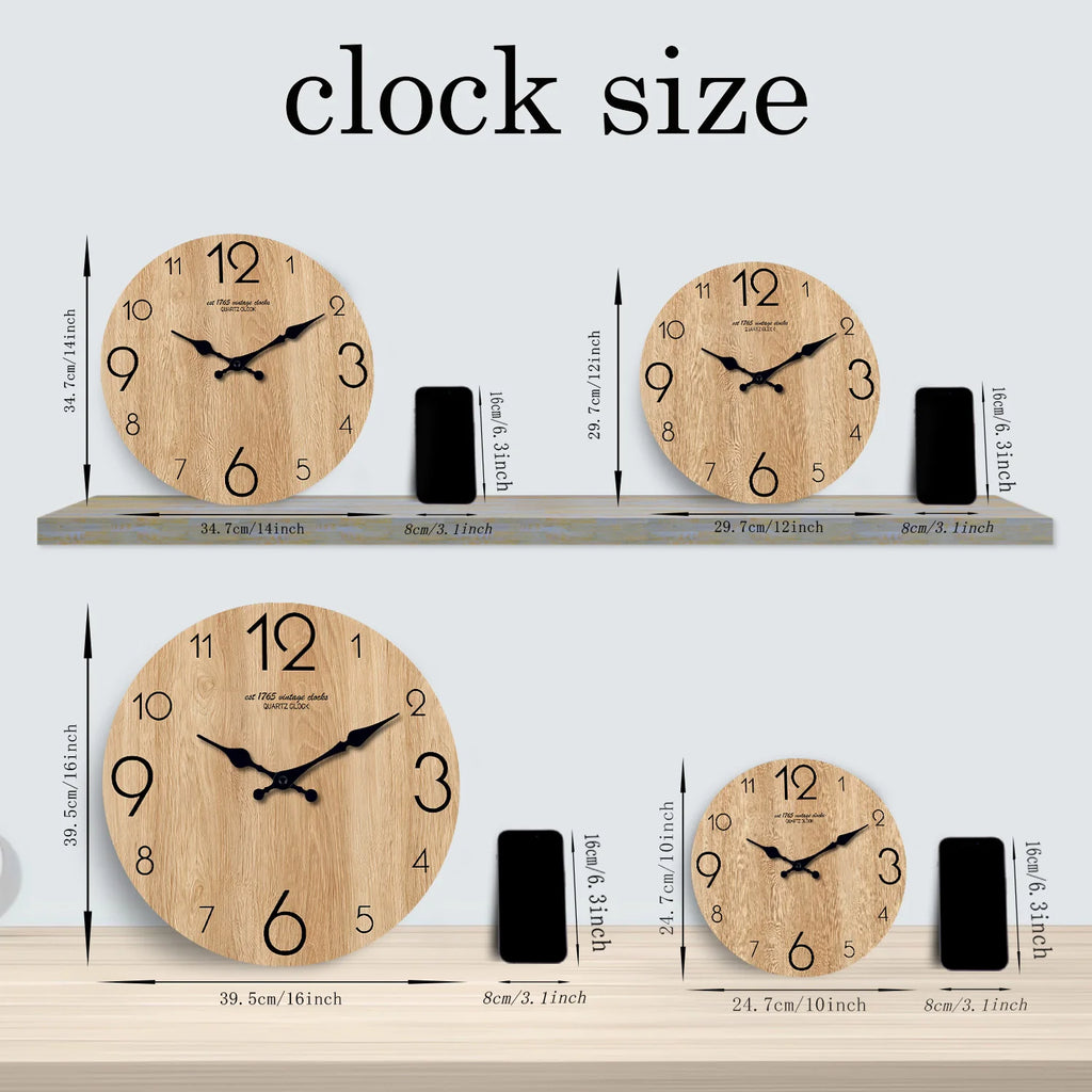 wood grain wall clocks in four sizes with measurement chart