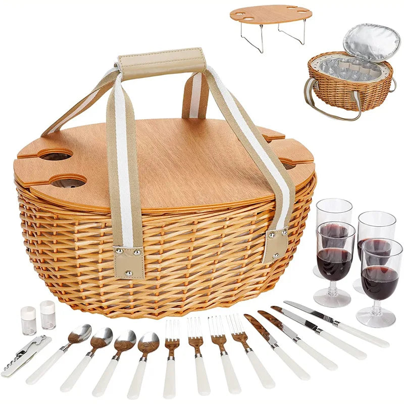 Woven Picnic Basket with Insulated Liner and Portable Table Lid
