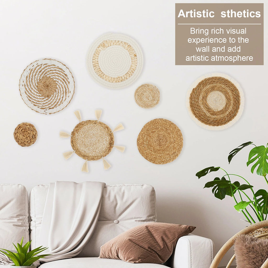 Rattan basket wall gallery arranged above a sofa with indoor plants and text about artistic atmosphere