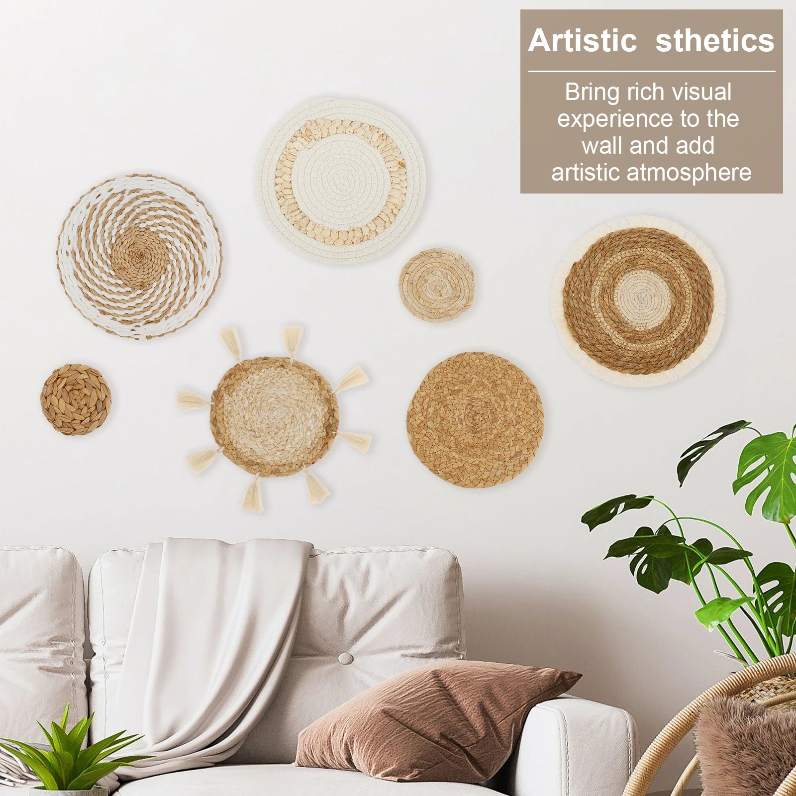 Rattan basket wall gallery arranged above a sofa with indoor plants and text about artistic atmosphere