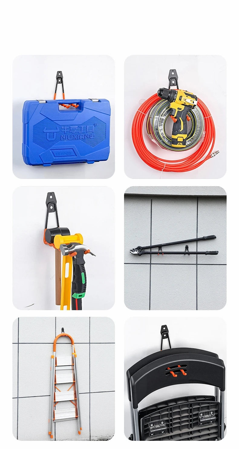 collage of metal utility hooks holding toolbox, hose, tools, ladder, and folding chair